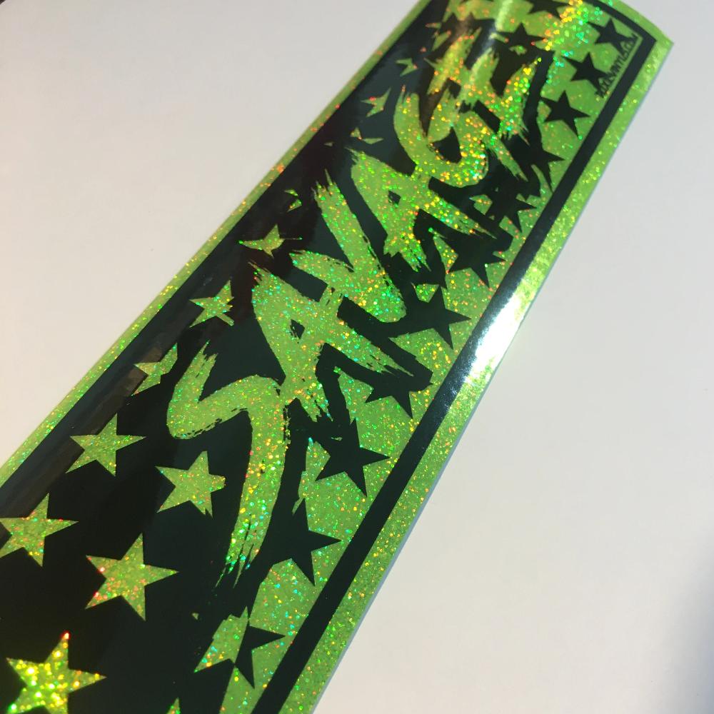 Savage fluorescent green sparkle silver slap sticker by toxicvinyls.com